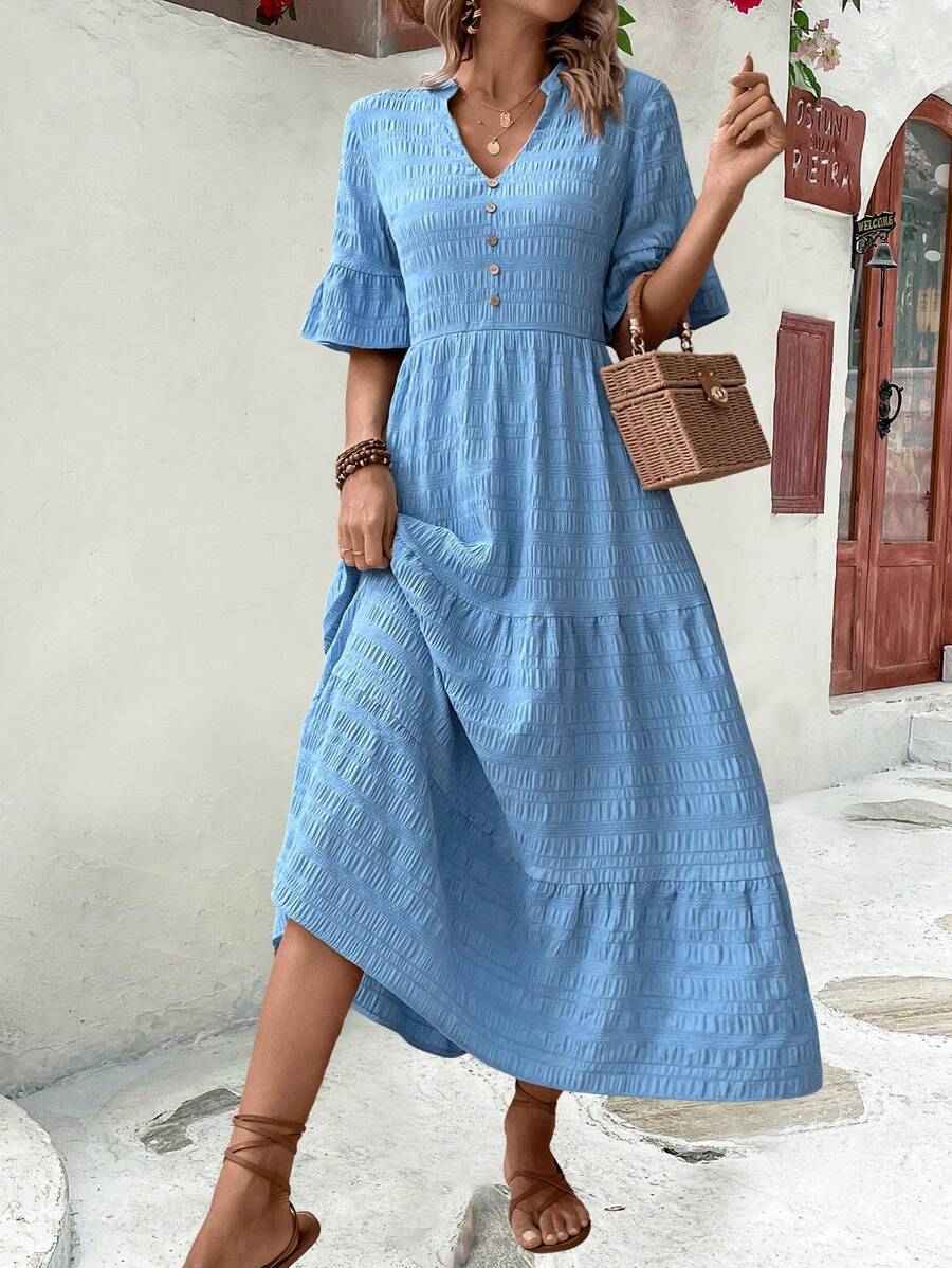 Breezaya Women's Solid Color Notch Neck With Ruffle Sleeve Button Detail Casual Long Dress - Blue - View 1