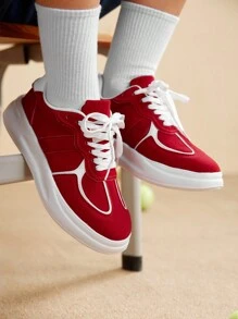 CUCCOO EASI 女士休闲拼色圆头 PU 皮革平底运动跑步运动鞋，适合日常穿着和校园穿着