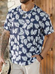 ResortEase Plus Size Men's Tropical Plant Print Short Sleeve T-Shirt