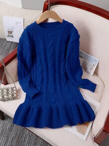 Girls Cable Knit Sweater Dress, Crewneck, Autumn/Winter - Royal Blue - View 1