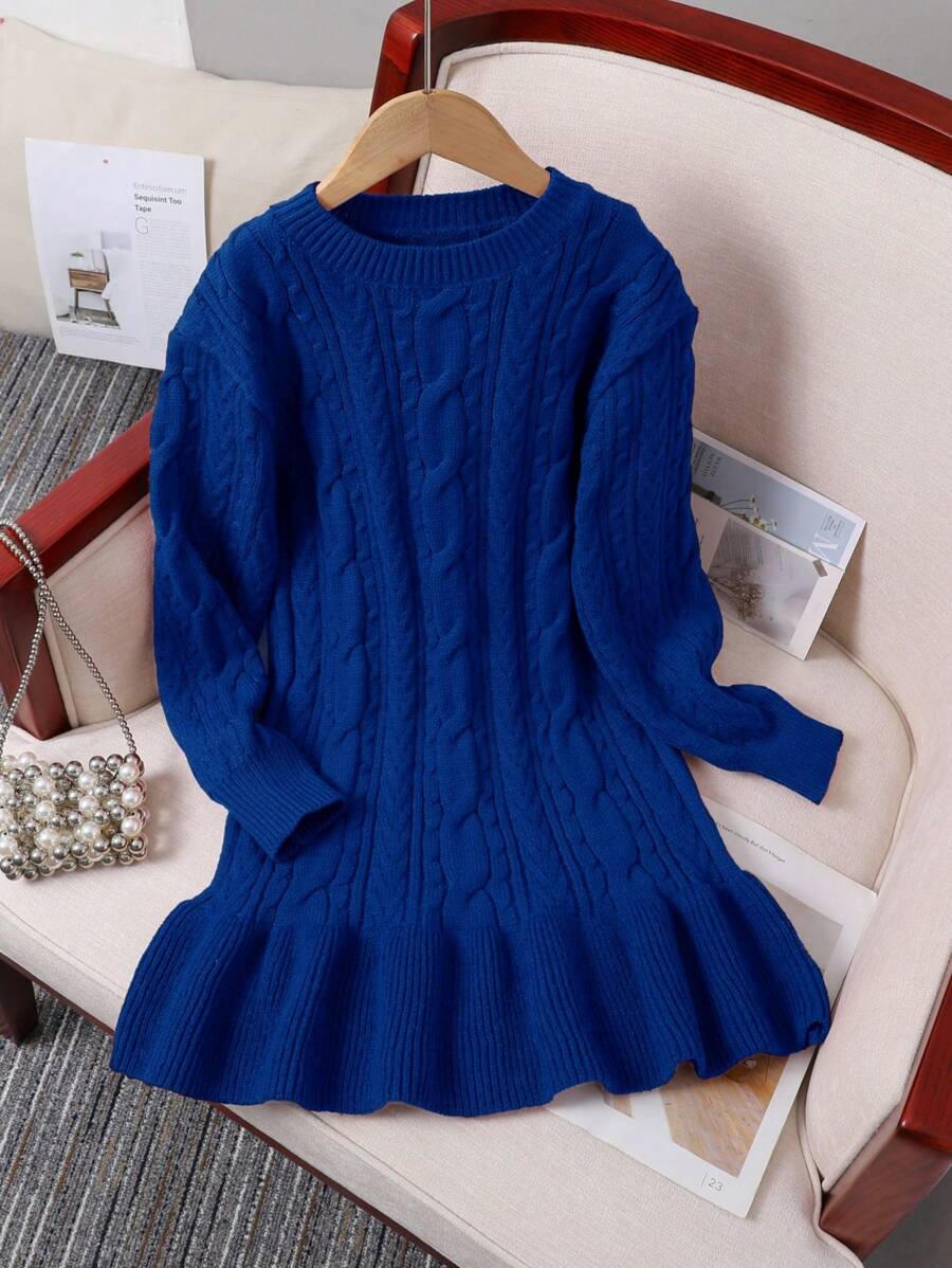 Girls Cable Knit Sweater Dress, Crewneck, Autumn/Winter - Royal Blue - View 1