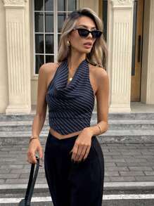 Siren Gaze Women's Drape Neck Striped Camisole, Halter Top,Office/Commuting Chic Summer Casual Blue - Navy Blue - View 7