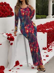 Glamance Warp Atelie Women Red Maxi Dresses Long Sleeve Round Neck Elegant Plants,Plain,All Over Print Summer Outfits For Women Summer Dress For Women Sundress For Women Vacation Dress Going Out - Red - View 3