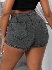 SHEIN CURVE+ Plus Size Women's Black Asymmetrical Design Elastic Denim Shorts