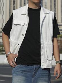 Manfinity Homme Top informal de mezclilla sin mangas para hombre, minimalista y para uso diario - Blanco - Ver 1