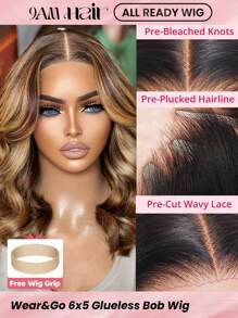 ALL READY WIG 亮点 4/27 全套假发 预漂白 预拔 预剪蕾丝 融化蕾丝 6x5 无胶波浪卷发 可穿戴闭合鲍勃假发 100% 真人头发 9AM HAIR - S4/27 - 查看 1