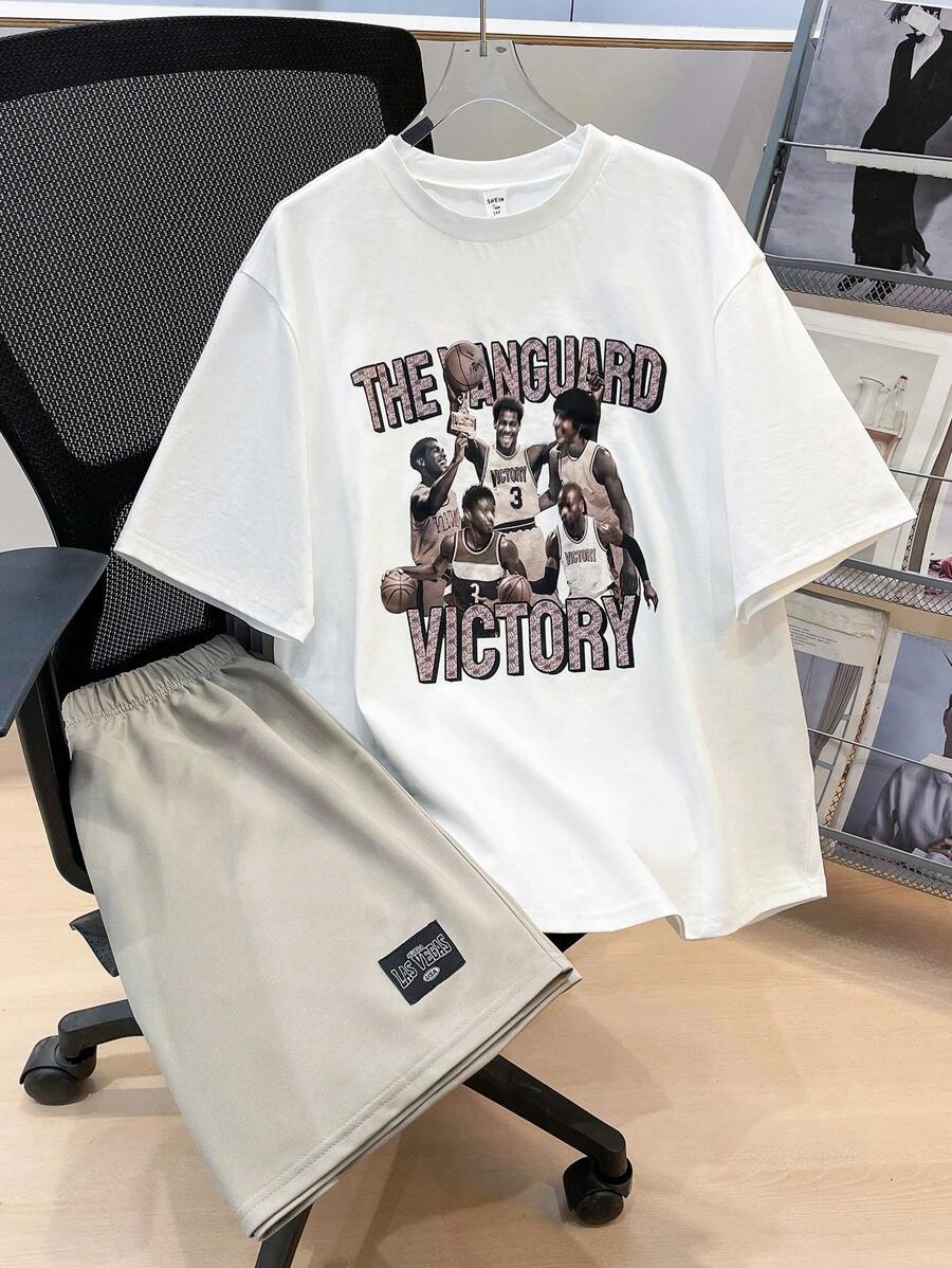 SHEIN 2pcs Set Teen Boy Casual Simple Versatile Street Style Portrait Print Round Neck Knit Short-Sleeved T-Shirt And Shorts - Multicolor - View 1