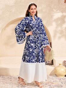 SHEIN Elegant Holiday Vacation Festival Teen Girls Blue & White Woven Colorblock Print V-Neck Flare Sleeve Dress, Suitable For Eid, National Day, Eid Al-Fitr, Eid Al-Adha - Blue and White - View 5