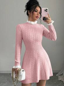 Elenzga Casual Drawstring Ruffle Waist Sweater Dress, Autumn/Winter - Pink - View 1