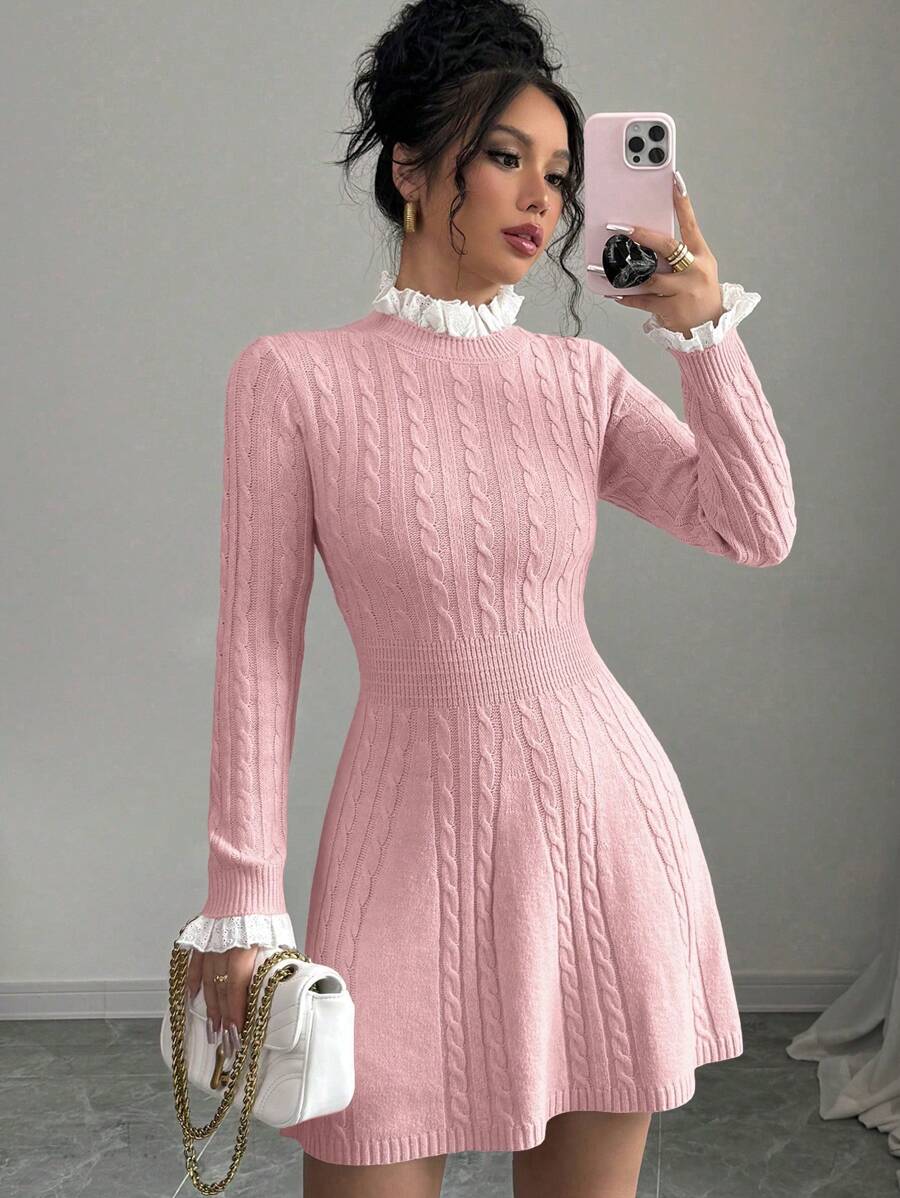 Elenzga Casual Drawstring Ruffle Waist Sweater Dress, Autumn/Winter - Pink - View 1