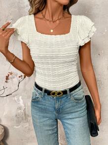 SHEIN Clasi Women Square Collar Casual Short Cap Sleeve T-Shirt, Spring/Summer Spring Women Outfits