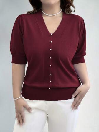 EMERY ROSE Plus Size Women Solid Color Short Sleeve Button Decorative Pullover Sweater, Autumn/Winter Knit Pullover Fall Sweater