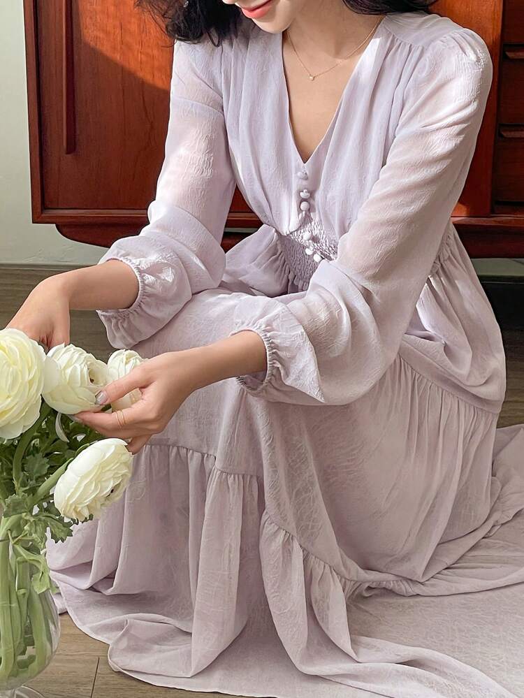 French Elegant V-Neck Design Chiffon Dress For Women,Fall Dress Long Sleeve Dress Maxi Dress