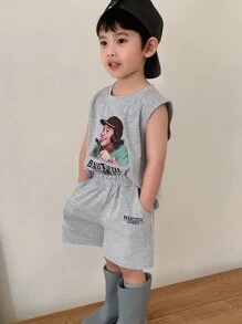 DAZY 2pcs/Set Young Boy Letter & Graphic Print Round Neck Camisole & Shorts - Grey - View 5