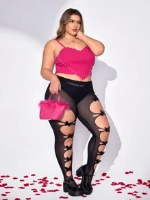 SHEIN CURVE+ Plus Size Pearls Decor Heart Pattern Asymmetrical Hem Cami Heart Tights Top,Valentine's Day Tops,Valentines,Rose,Heart,Polka Dot,Love,Lip,Cupid,3D Flower