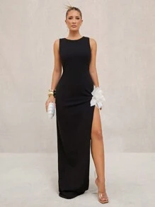 Lumalex Spring Summer Swimsuit Swimwear Swim Vacation Bohemian BOHO Sea Beach Hot Outdoor Richly Layered Wedding Season Banquet Coming Of Age Ceremony Beach Seaside  Festival Old Money Wedding Engagement Coming Of Age Ceremony Women's Figure-Hugging High Slit Dress With 3D Floral Ribbons