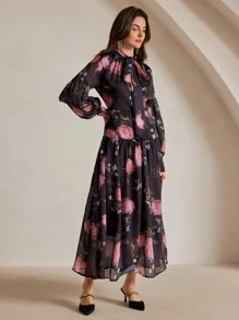 Anewsta Robe évasée à manches longues évasées avec imprimé floral plissé pour femmes, robe ample élégante de mode - Noir - Voir 5