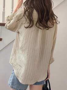 FRIFUL Conjunto de 2 piezas: Top tipo camiseta holgado casual y camisa a rayas de lino para mujer