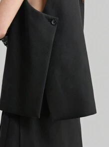 Ontre 2026春夏女装黑色V领单排扣休闲宽松西装背心及休闲裤套装，优雅复古商务通勤风 - 黑色 - 查看 4