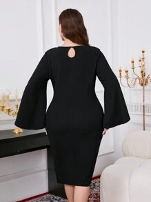 Gownix 大码女式黑色闪亮仿珍珠装饰优雅浪漫简约连衣裙、针织连衣裙、女式春夏连衣裙、女士度假装、外出装、情人节、复古、女士工作服、老钱风格女士、办公室、度假、情人节服装 - 黑色 - 查看 9