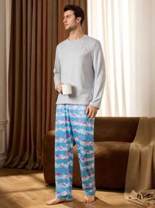 Men's Long Sleeve Top And Long Pants Pajama Set - Grey - View 3