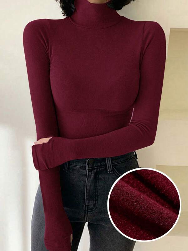 DAZY Women's Solid Color Turtleneck Slim Fit Thermal T-Shirt, Autumn