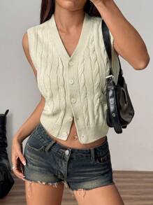 Flirla Spring/Summer Open Knit Vintage Cable Flattering Sleeveless Cardigan Sweater Vest - White - View 1