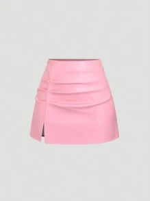 Sweetra Elegant Retro High Waist Pleated Brazilian PU Leather Side Slit Flared A-Line Mini Pink Skirt For Women Y2K Skirt  - Pink - View 1