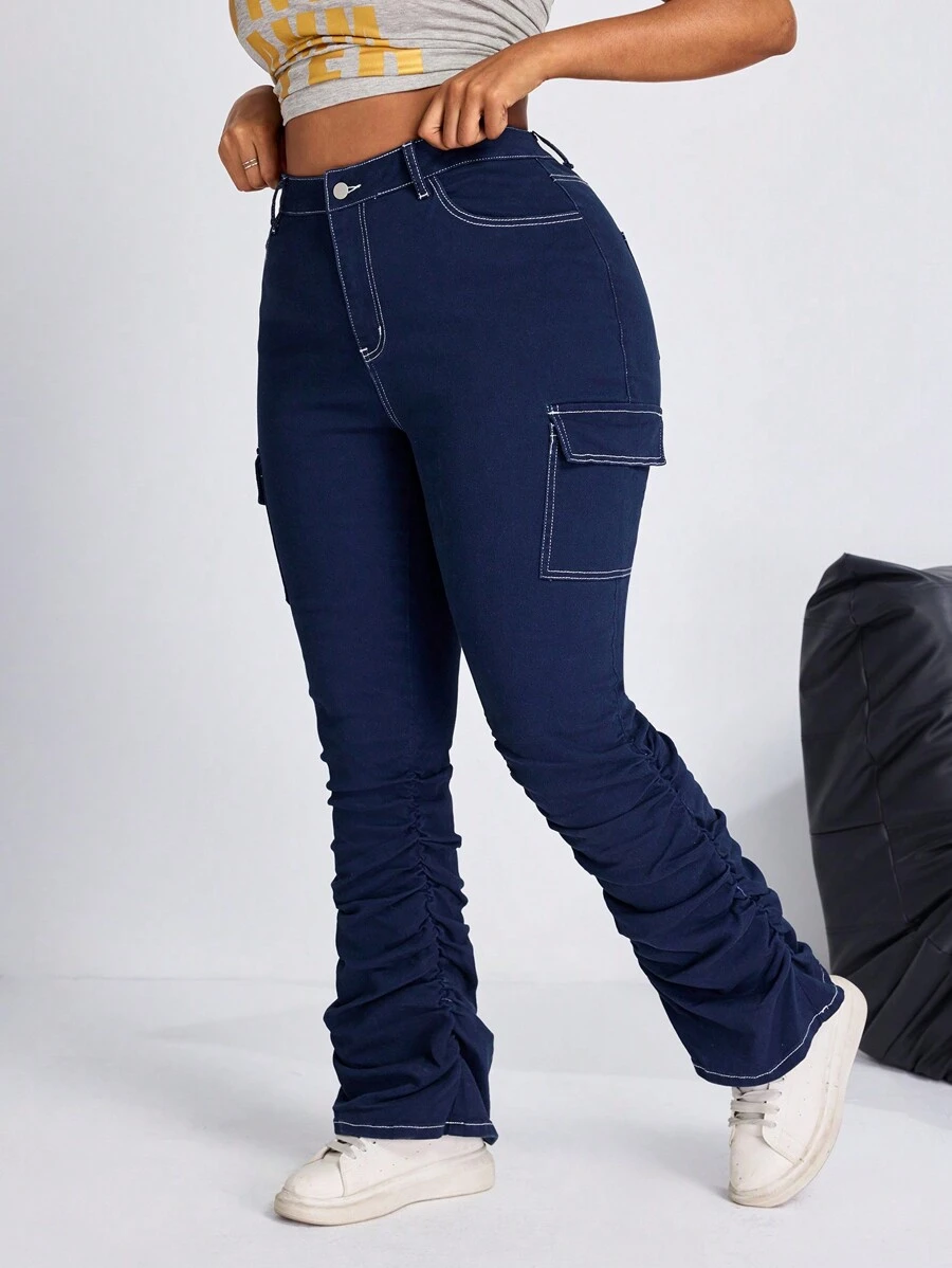 SHEIN ICON Plus Size Front Button Pocket Simple Slim Fit Casual Jeans - Navy Blue - View 1