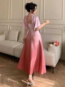 DAZY Women's Gradient Batwing Sleeve V-Neck Waist Flared Muse Dress, Suitable For Summer, Valentine's Day, Vacation Maxi Dress - Pink - View 2