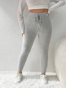 SHEIN Frenchy Pantalón ajustado de talla grande, leggings de punto acanalado de unicolor