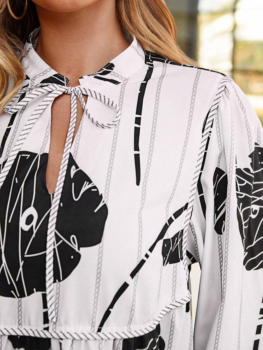 SHEIN LUNE Plus Size Women'sFestival Boho Summer White Ink Flower Print Loose Long-Sleeved Waist Design Casual Women's Dress Sundress Old Money, - White - View 1