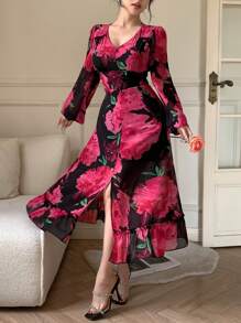 DAZY V-Neck Lantern Sleeve Slit Floral Mid-Length Women Dress Prom Dress Elegant,Ruffle,Fall Dress Long Sleeve Dress Easter Maxi Dress - Red - View 5