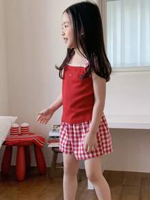 Dazy Kids 2pcs/Set Young Girl Plaid Strap Shorts,Girls Summer Outfits - Red - View 6