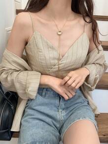 FRIFUL Conjunto de 2 piezas: Top tipo camiseta holgado casual y camisa a rayas de lino para mujer