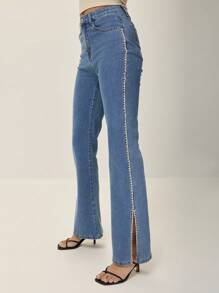 Poéselle Pantalones de mezclilla acampanados, jeans para mujeres altas, con abertura lateral, adorno de strass, delicado y elegante, estilo vaquero para mujeres, jeans casuales de mujer, moda minimalista para uso diario, adecuado para diario, calle, hogar, vacaciones, citas, fiestas y otras ocasiones para usar - Azul - Ver 1