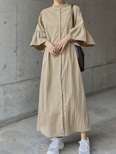 FRIFUL Women Loose Bell Sleeve Mid-Length Dress,Ruffle