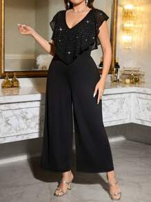SHEIN Clasi Plus Size Women's Jumpsuit With Ruffled Neck And Rhinestones, Women's Spring Jumpsuit, Women's Jumpsuit, Women's Elegant Jumpsuit