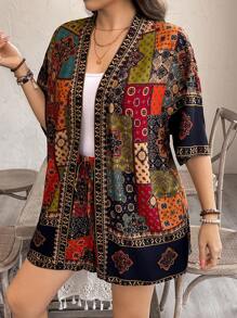 SHEIN LUNE 大码女式花朵短袖和服上衣和短裤两件套，女式西装，波西米亚风，嬉皮士风，女牛仔装，波西米亚风，女士夏季服装，春假服装夏季波西米亚风复古风女士夏季服装春假狂欢服装节日春假服装 - 彩色 - 查看 4