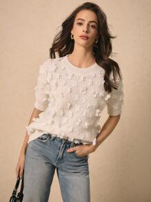 Poéselle White Short-Sleeved Sweater, Three-Dimensional Flower Sweater, Spring And Summer Sweater,Valentine's Day Sweater,Cute Tops,Women Embellished Round Neck Short Sleeve Sweater, Suitable For Everyday, Street, Date And Other Occasions To Wear
