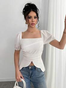 SHEIN Unity Square Neck Puff Sleeve Waist Cinched Bowknot Back Asymmetrical Hem Design Women's Blouse, Elegant Office Work Fashion Shirt - White - View 3
