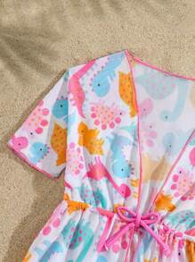 女婴卡通恐龙无袖连体泳衣带和服罩衫，海滩度假套装 - 彩色 - 查看 4