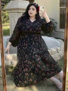 Dazy Plus Plus Size Floral Print V-Neck Long Sleeve Chiffon Dress, Spring/Summer, Ruffle Vacation Outfits Women - Black - View 1