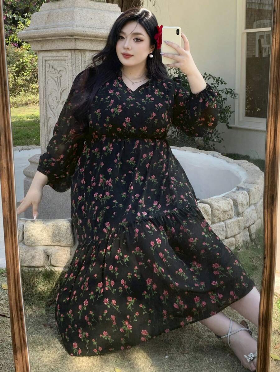 Dazy Plus Plus Size Floral Print V-Neck Long Sleeve Chiffon Dress, Spring/Summer, Ruffle Vacation Outfits Women - Black - View 1