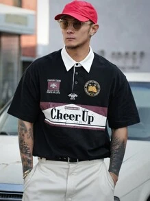 DAZY Summer Men's Letter Print Black Polo Shirt - Black and White - View 5