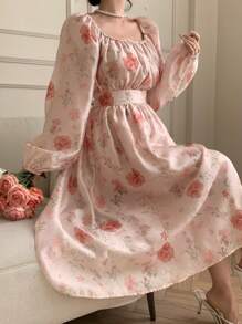 DAZY Vestido floral de gasa con escote cuadrado, mangas farol, cintura recogida y fluido para vacaciones de verano