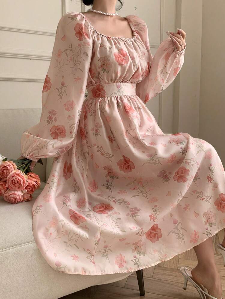 Women's Floral Print Chiffon Square Neck Ruched Lantern Sleeve Gathered Waist Flowy Vacation Dress, Summer Easter Maxi Dress Boho