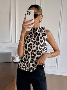 SHEIN Frenchy Chemise sans manches imprimé léopard pour femmes, décontractée et pour le port quotidien