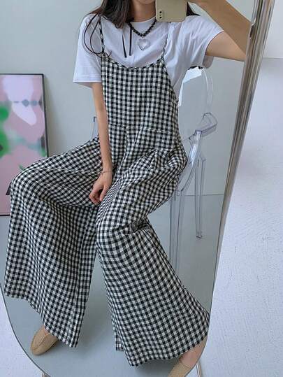 DAZY 女式格子宽腿宽松吊带连体裤，黑色，四季皆宜