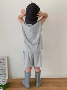 DAZY 2pcs/Set Young Boy Letter & Graphic Print Round Neck Camisole & Shorts - Grey - View 7